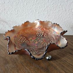 Antique Carnival Glass Purple 3 footed Candy Dish Bowl 8" 