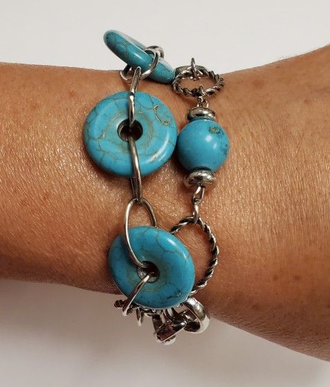 Silvertone Double Strand Faux Turquoise Bracelet 7" With 2" Extender