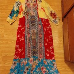 Johnny Was Seido Tiered Mixed Print Floral Embroidered Maxi Dress Small .