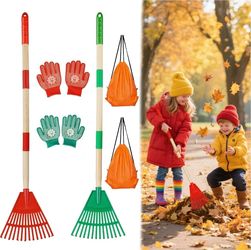 2pc Adjustable Kids Rakes Wooden Handle Gloves Storage Bags Garden Tools NIB