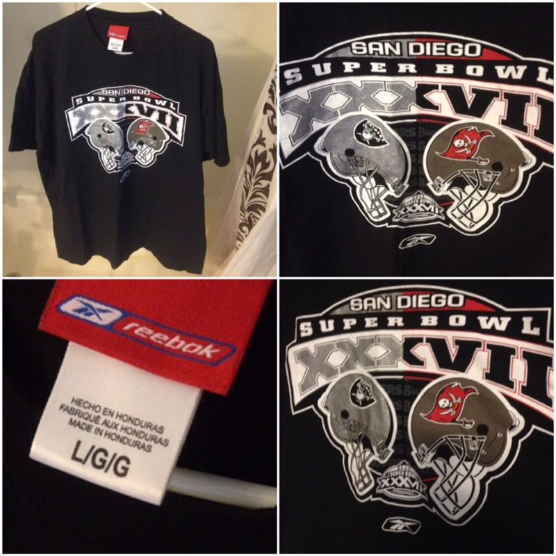 Raiders buccaneers super bowl men's medium shirt good condition by reebok .30' length 24' pit to pit
