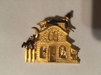 VINTAGE AAi HAUNTED HOUSE HALLOWEEN WITCH CAT BROOCH PIN GOLD TONE