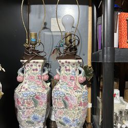 Vintage Asian Print Lamps Set 
