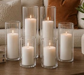 Set of 7 White Pillar Candles with Clear Glass Hurricane Holders-