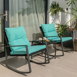3 Piece Bistro Set Patio Rocking Chairs Outdoor Furniture with Green Cushions