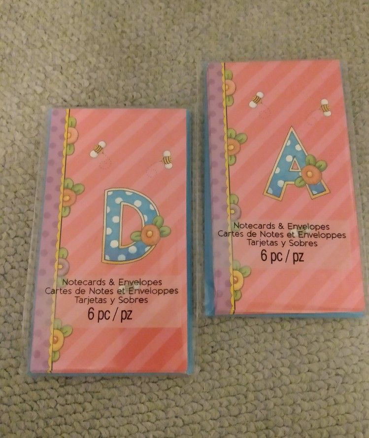 BRAND NEW IN PACKAGES MARY & CO. BLANK INSIDE GLITTER INITIAL NOTECARDS & ENVELOPES SETS - 6 CT