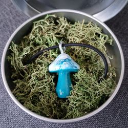 "Oceans Blue" Handmade Wooden Pour Painted Mushroom Rubber Silicone Necklace