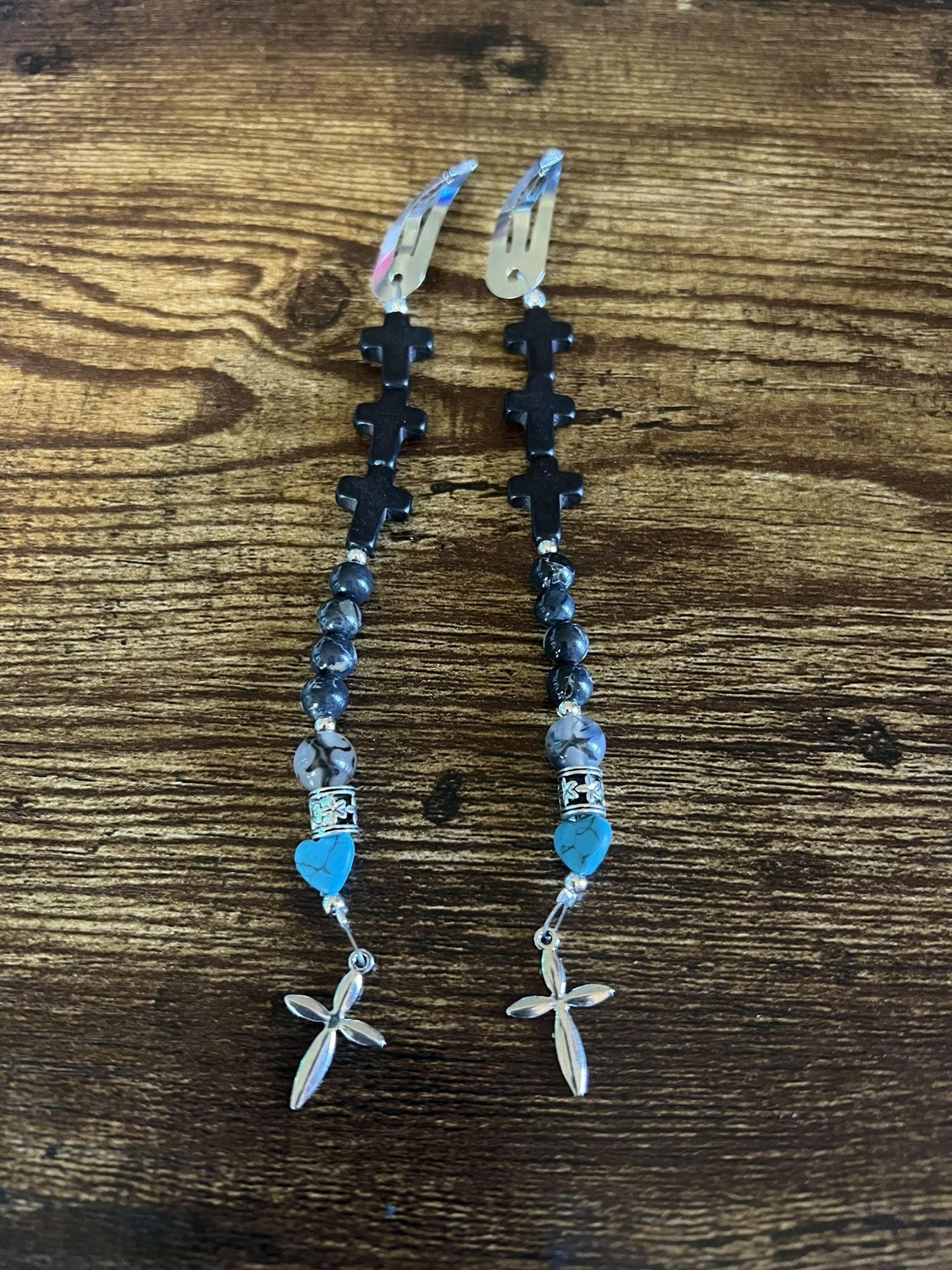 Silver Hair Clips With Beads And Cross Charms