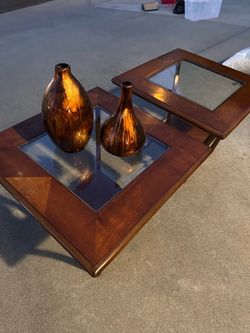 2 wooden/glass end tables