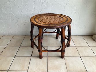 Vintage Bamboo & Rattan Round Accent Table