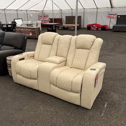 TENT SALE! Cream Top Grain leather Power Loveseat - Transformer Collection