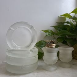 Vintage MCM A Tiara Exclusive Frosted Glass Ashtray And Lighter Set