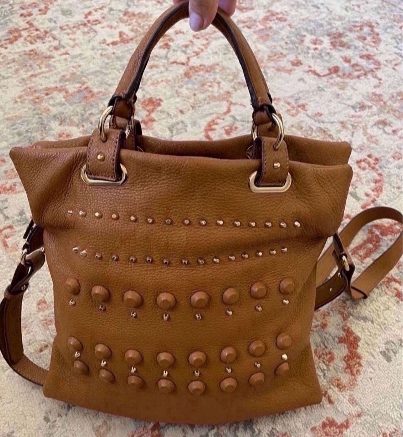 Vince Camuto Leather Crossbody Satchel Bag Studded Gold in excellent condition