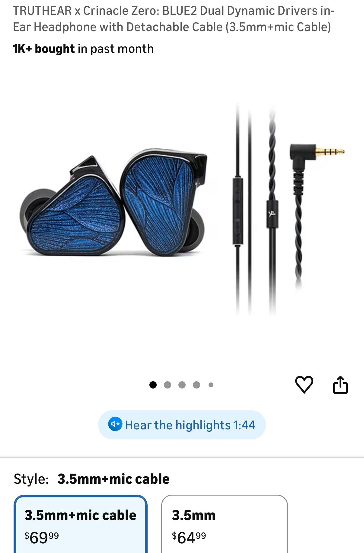 TRUTHEAR x Crinacle Zero: BLUE2 Dual Dynamic Drivers in-Ear Headphone with Detachable Cable (3.5mm+mic Cable)