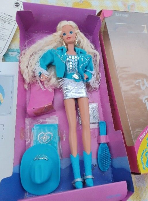 Vintage 90s NIB blue 1993 Western Stampin Barbie doll complete
