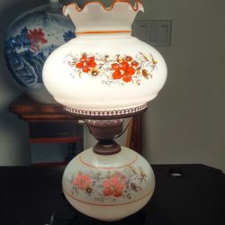 Mid Century Vintage- Hurricane Lamp; Milk Glass Red Yellow Roses Night Light.