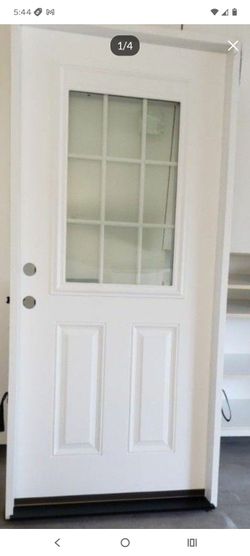 36x80 exterior door fiberglass prehung right hand mini blinds and grills inside the glass painted frame and door are fiberglass