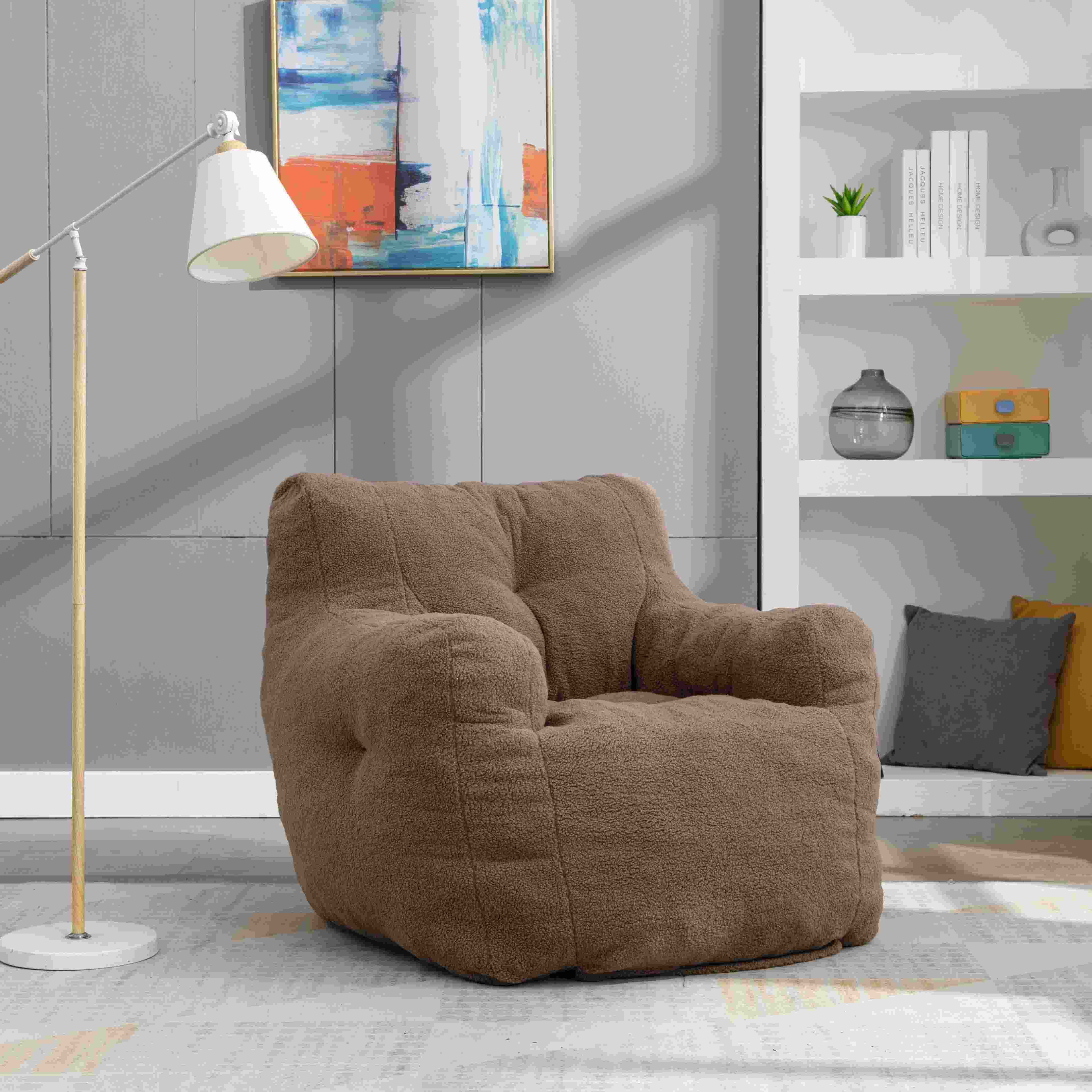 010-Soft Teddy Fabric Tufted Foam Bean Bag Chair With Teddy Fabric Coffee