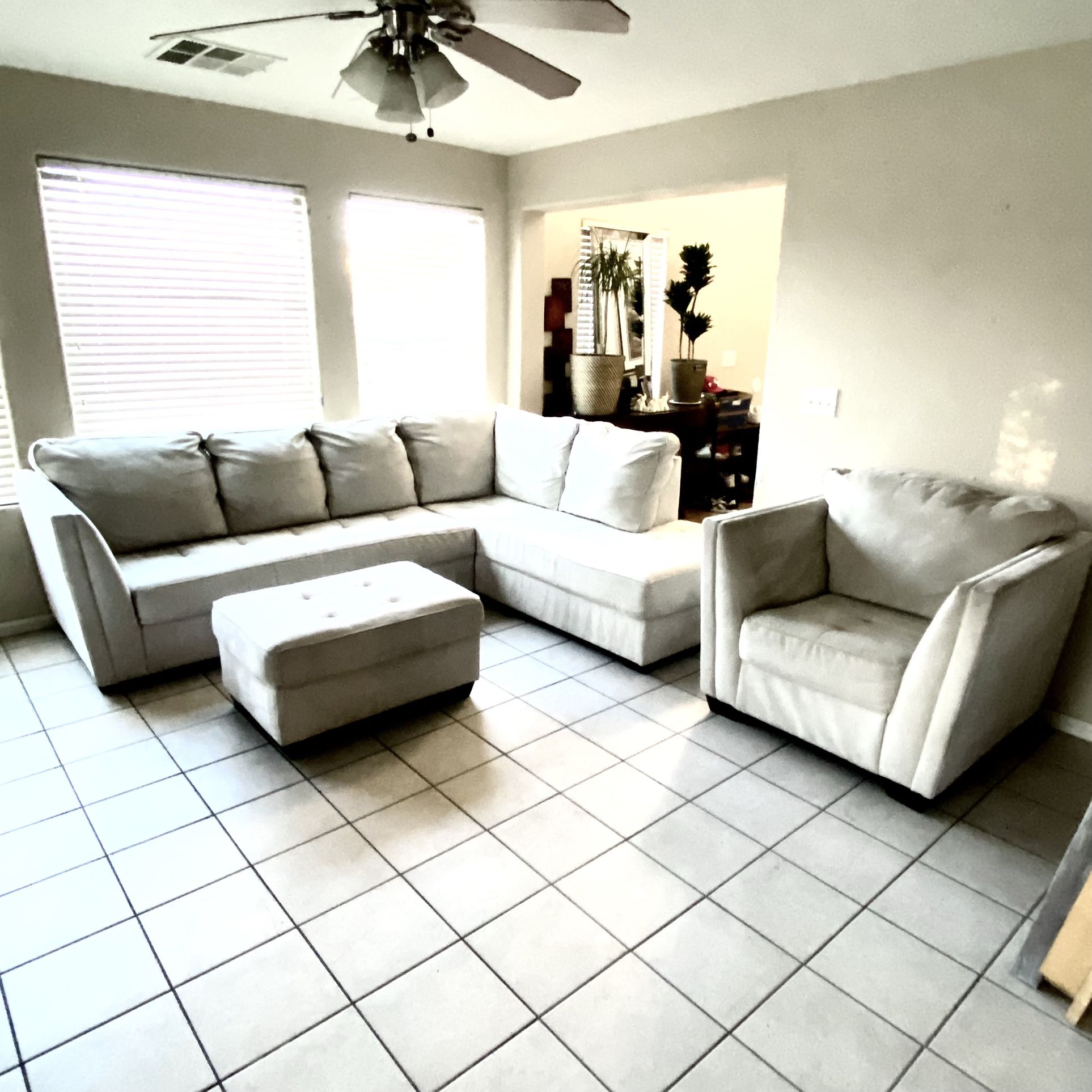 Light Gray Suede Sectional & Sofa Chair