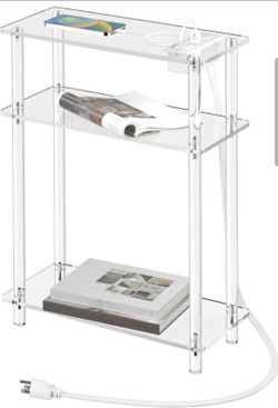 HMYHUM Acrylic Narrow Side Table with Charging Station, 7" Width, 3 Tier Small End Table for Small Spaces, Skinny Nightstand/Bedside Table with USB Po