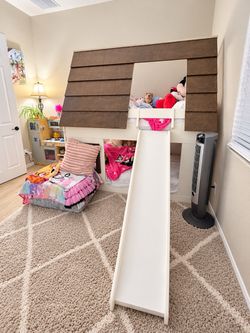 Kids Bunk Bed with Slide and Playhouse Roof