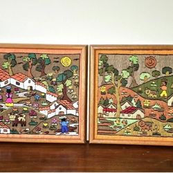 VINTAGE CREWEL EMBROIDERED NEEDLEPOINT DEPICTING COLORFUL MEXICAN VILLAGE SCENE