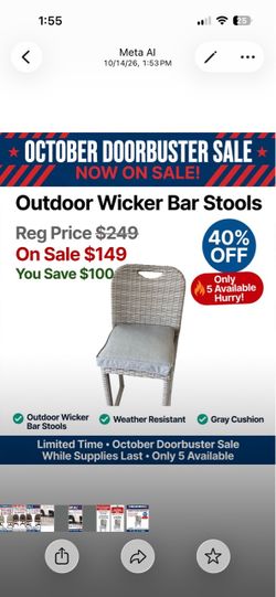 Outdoor Wicker Bar Stool with Cushion door buster sale reg$249 on sale $149