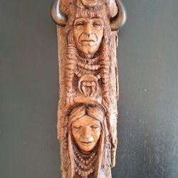 Ron Adamson Wood Sculpture of Lakota Sioux Chief and Wife