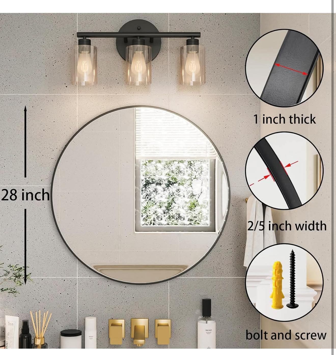 28 inch Black Round Mirror, Wall-Mounted Circle Mirror for Bathroom & Living Room Decoration