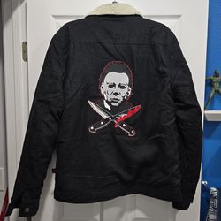 Custom Black Sherpa Trucker Jacket – Hand-Stitched Horror Patch (Michael Myers)