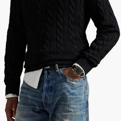 Cable Knit Cotton Crewneck Sweater Polo Ralph Lauren Size M Classic Blue Preppy