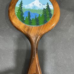Vintage Wood Hand Mirror With Ceramic Mountain Scene