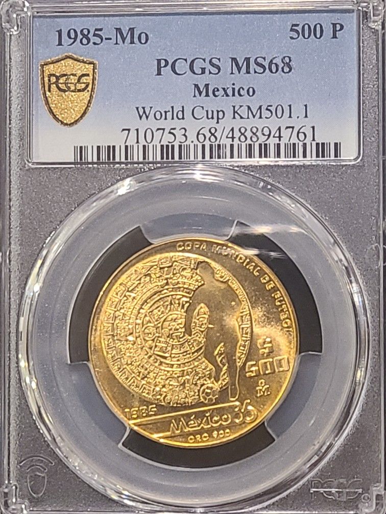 1985 Mexico Gold 500 Pesos World Cup Soccer PCGS MS 68 Oro