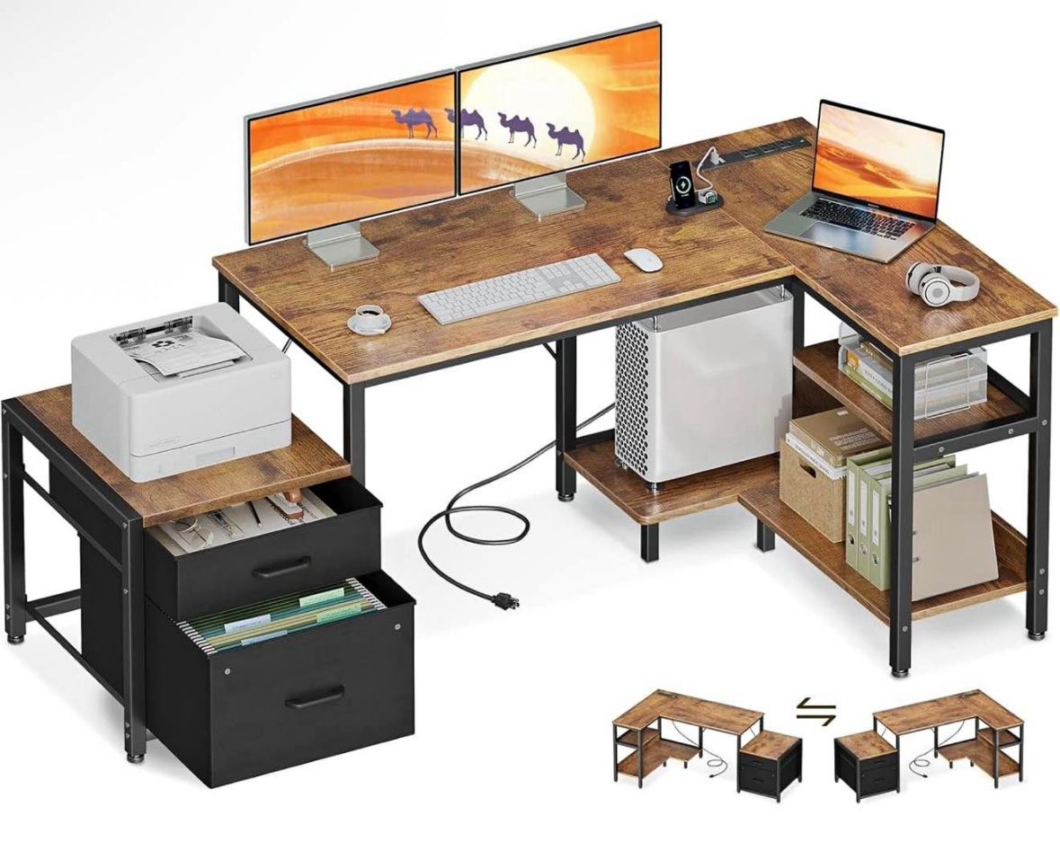 55 Inch L-Shaped Desk with File Cabinet & Power Outlets – Brown