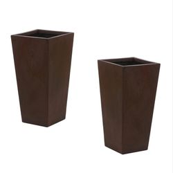 NEW - TWO (2) LuxenHome Rustic Brown MgO 18.5" Tall Tapered Planter Pots
