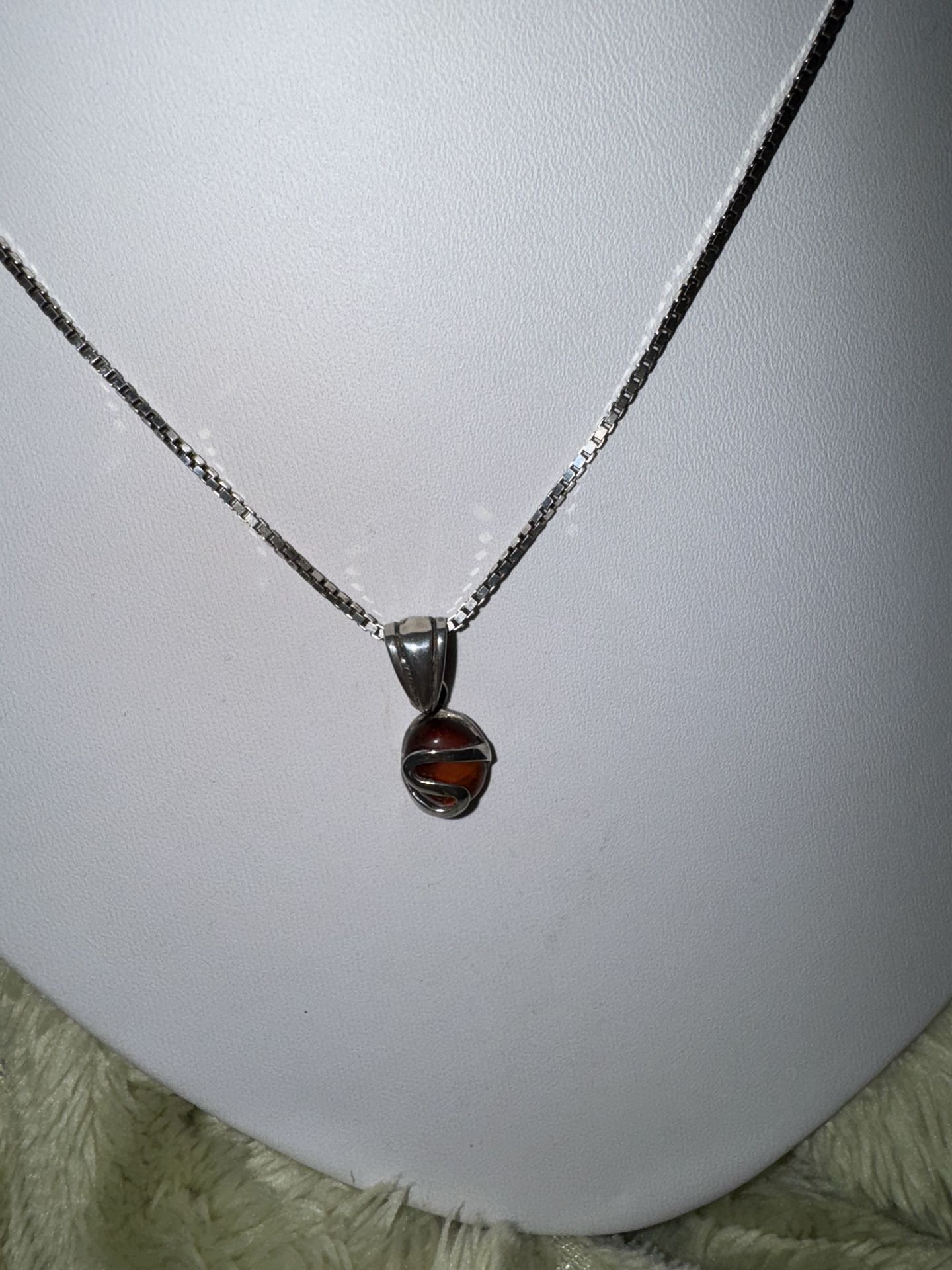 Vintage Diamond Cut Sterling Chain & Amber Pendant Necklace, 20"
