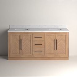 72" Light Wood Double Bathroom Vanity Cabinet w Marble Countertop & Square Sinks