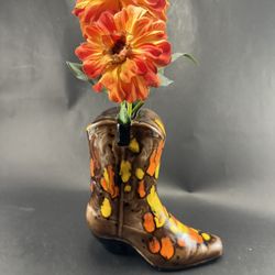Vintage Ceramic Paint Drop Cowboy Boot Vase With Flowers 