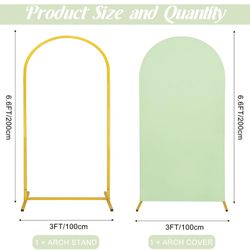 Metal Arch Stand and Cover Set,1 Sage Green Spandex Fitted Backdrop with 1 Gold Wedding Arched Stand Frame for Parties Birthday Baby Shower Bridal Ban