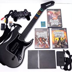 PS2 GUITAR HERO Guitar Bundle w/ Dongle Slim Console 3 Games Playstation TESTED