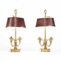 French Empire Style Bouillette Brass Table Lamps w/ Metal Tole Shades, c.1950's - Delivery Available