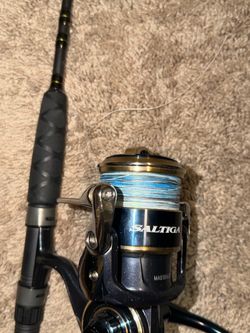 Daiwa Saltiga 10000-H is a heavy-duty, high-performance saltwater spinning reel on Penn Battalion 7ft Spinning Rod with 65 pound Braided line