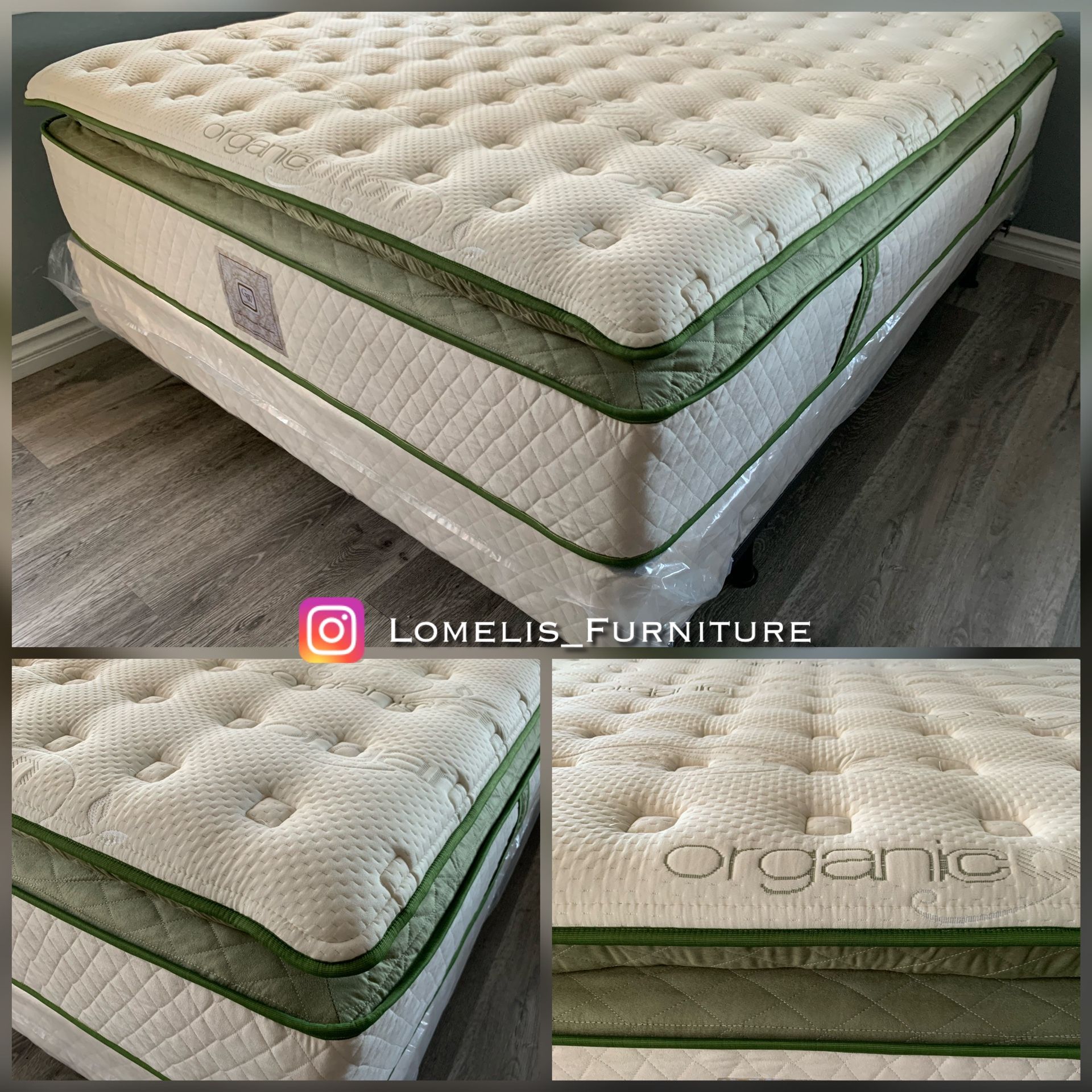 14in QUeen Elite Organic Superior Hybrid Gel Memory Foam Pillow Top Mattress and Boxspring