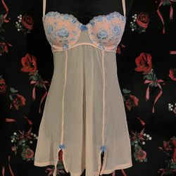 Pink and blue floral lace slip dress