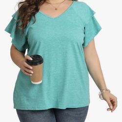 Women's Plus Size Tops Ruffle Short Sleeve V Neck Solid T Shirts Casual Loose Blouses Tunic Top