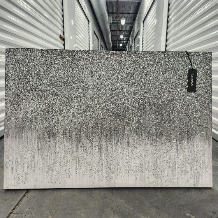 Bebe Designer Large Canvas Art Silver Glitter Drip Painting