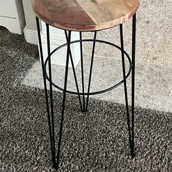 SMALL END TABLE - WOOD AND WROUGHT IRON -  22 INCHES TALL AND 10 INCH WOOD TOP