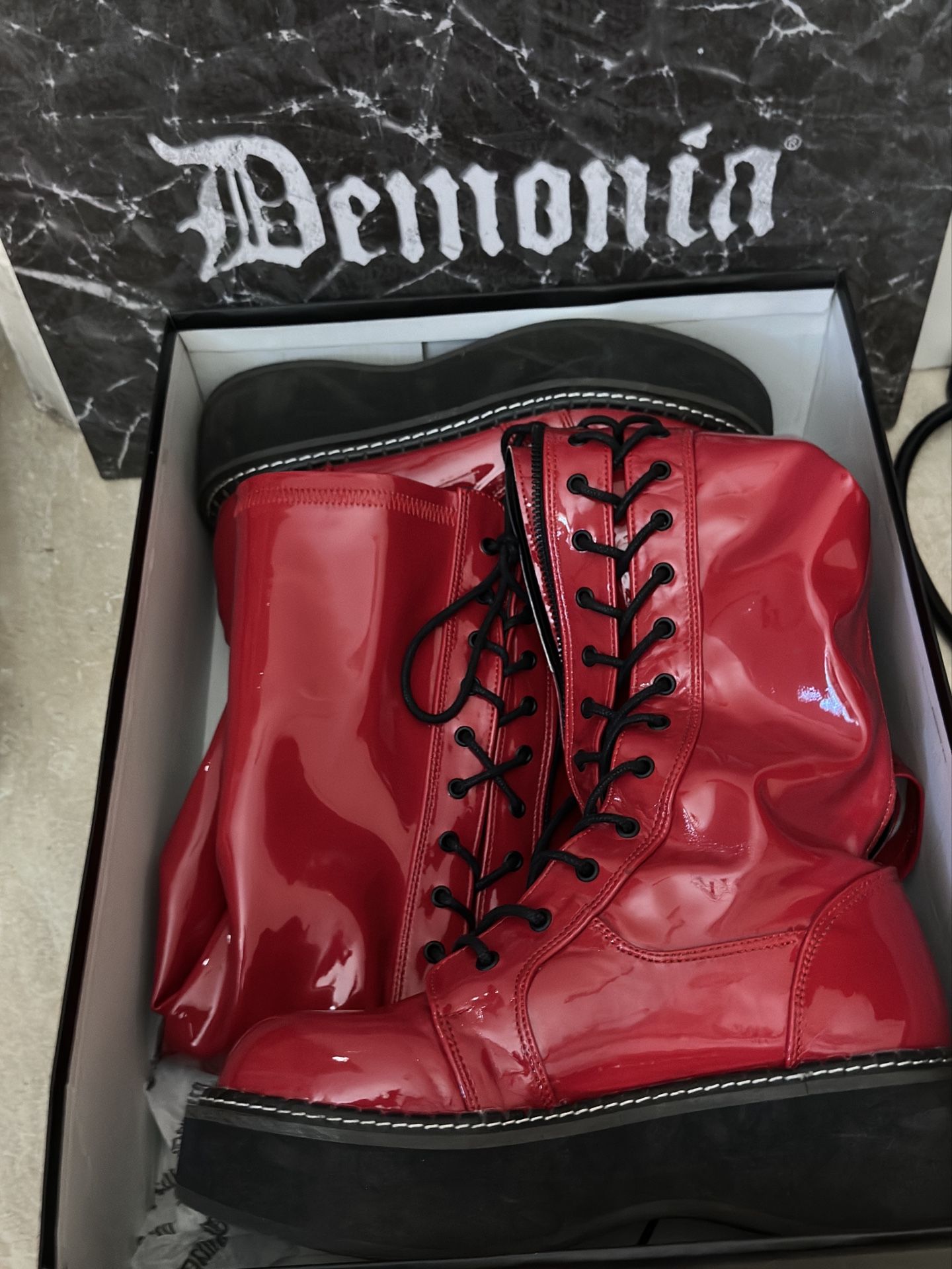 Demonia Red Vinyl Boots - size 10