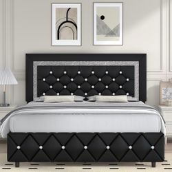 Queen Bed Frame, Faux Leather Bed with Upholstered Diamond Headboard
Mattress Foundation with Strong Wooden Slats Support, No Box Spring Required, Eas