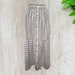 Long Linen Tan White Striped Button-Down Skirt Size Small
